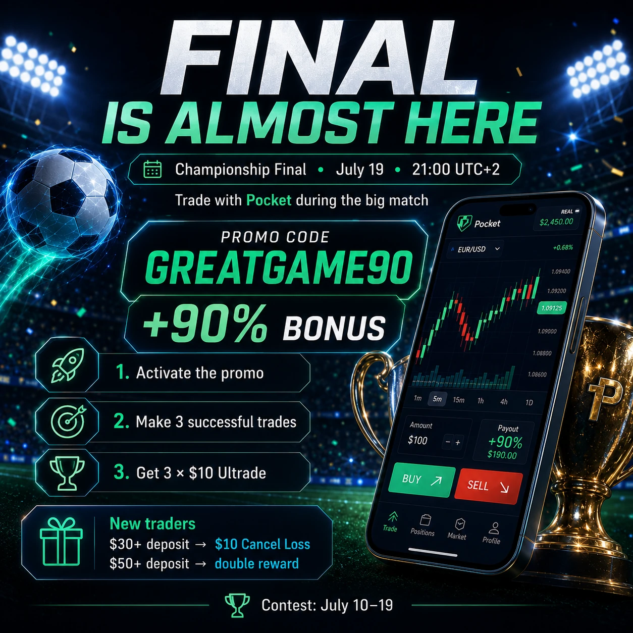 Pocket Option Final Matchday poster with GREATGAME90 promo code, 90 percent bonus, football stadium and trading phone