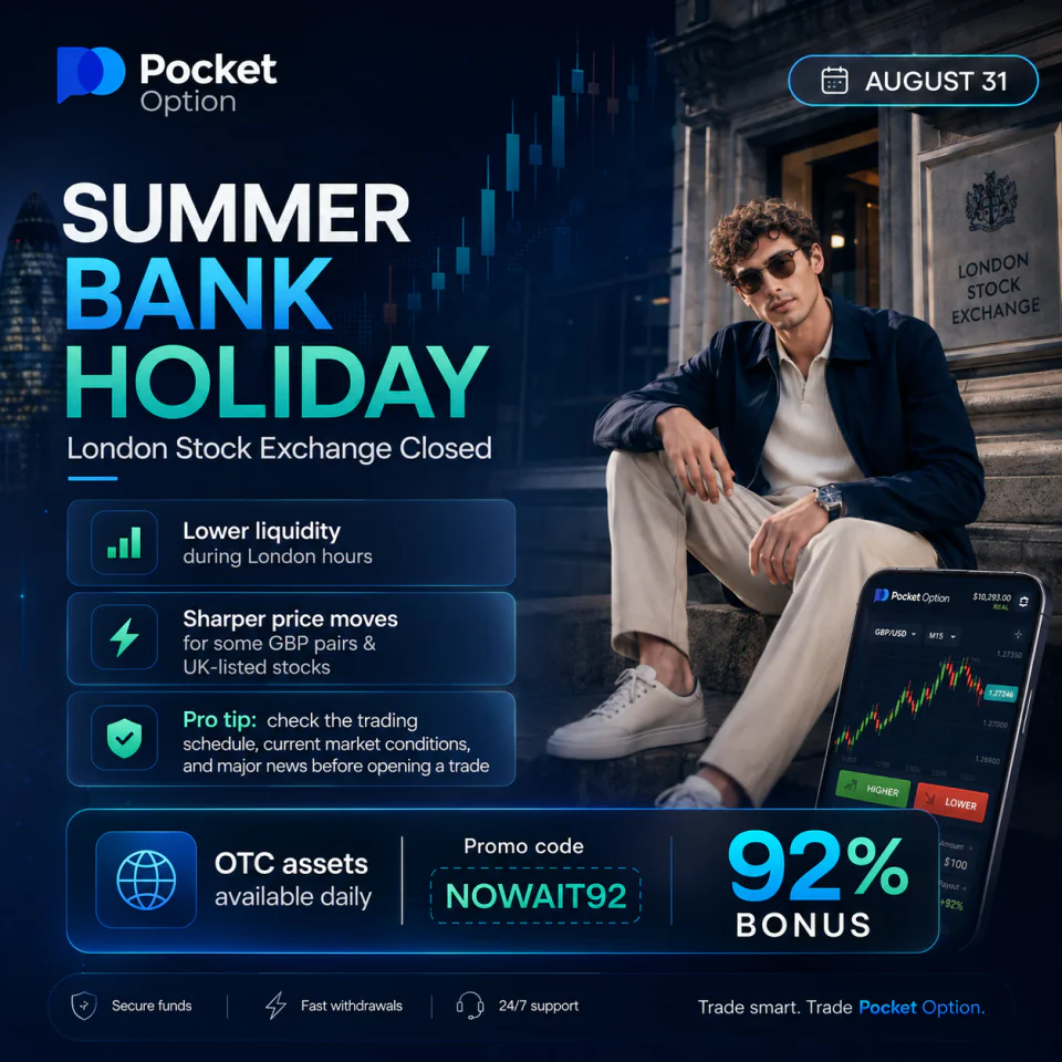 Pocket Option Summer Bank Holiday poster with London Stock Exchange closure on August 31, NOWAIT92 promo code and 92 percent bonus
