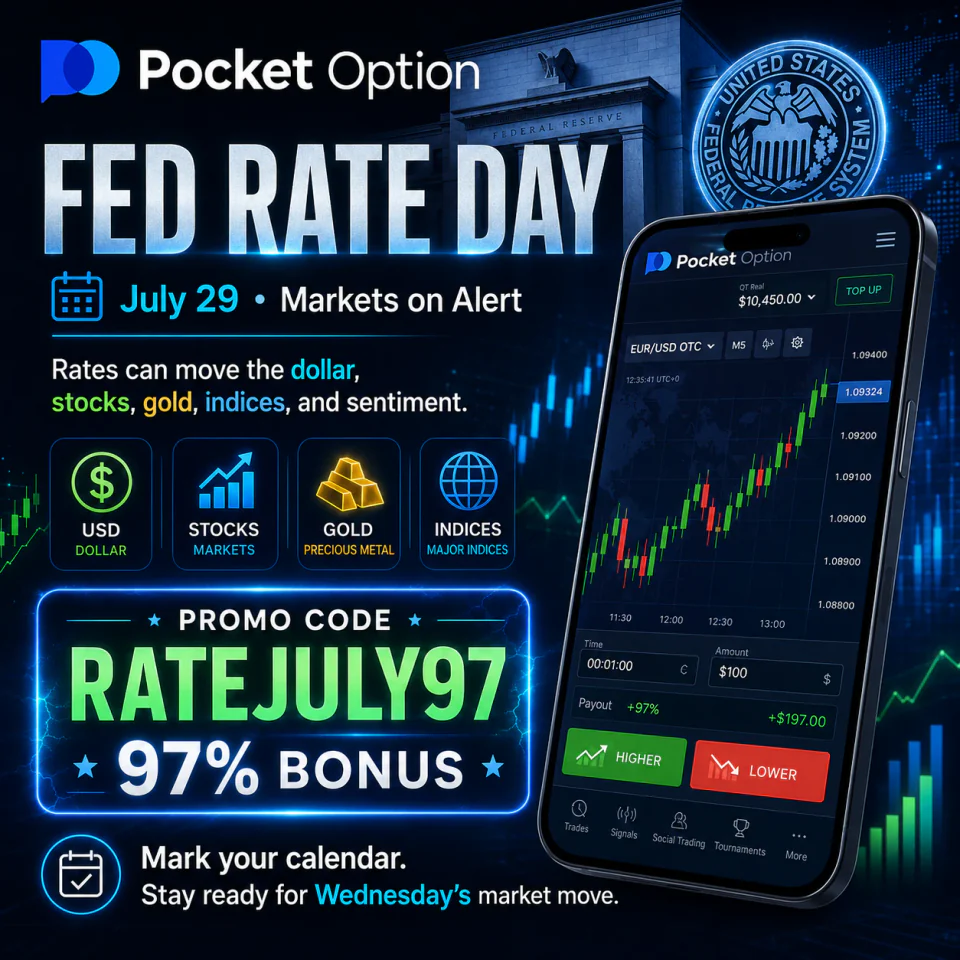 Pocket Option Fed Rate Day poster with RATEJULY97 promo code, 97 percent bonus, Federal Reserve building and trading chart