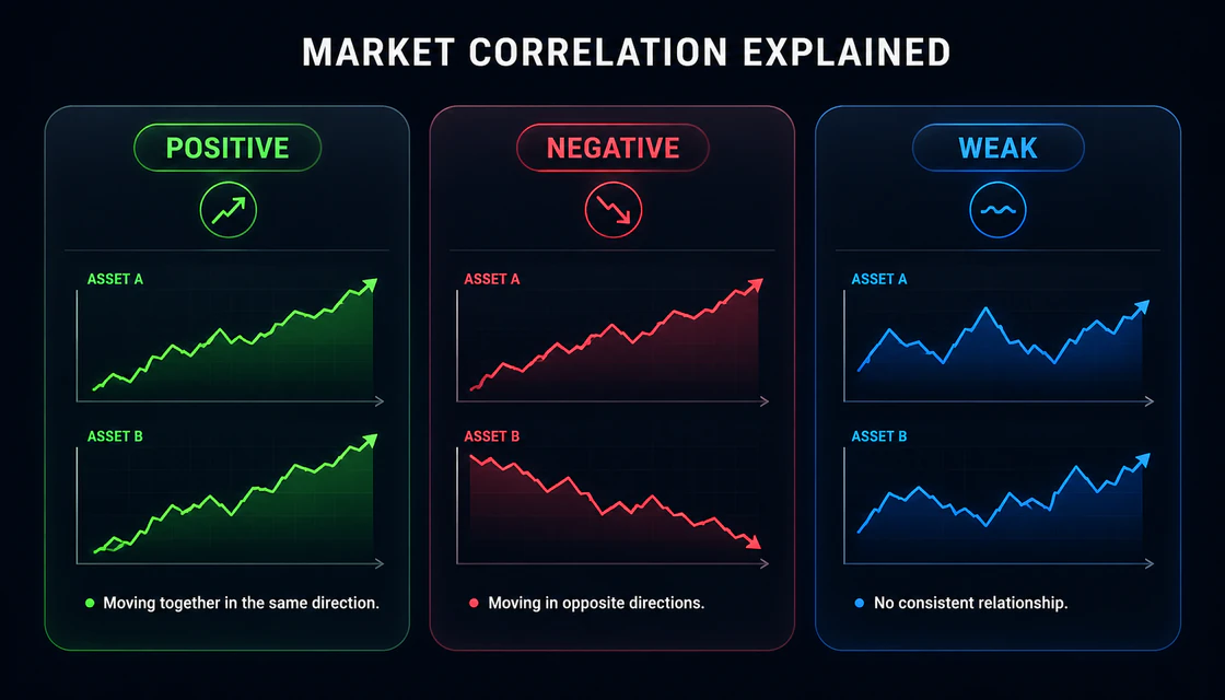 Positive negative and weak correlation examples for two market assets
