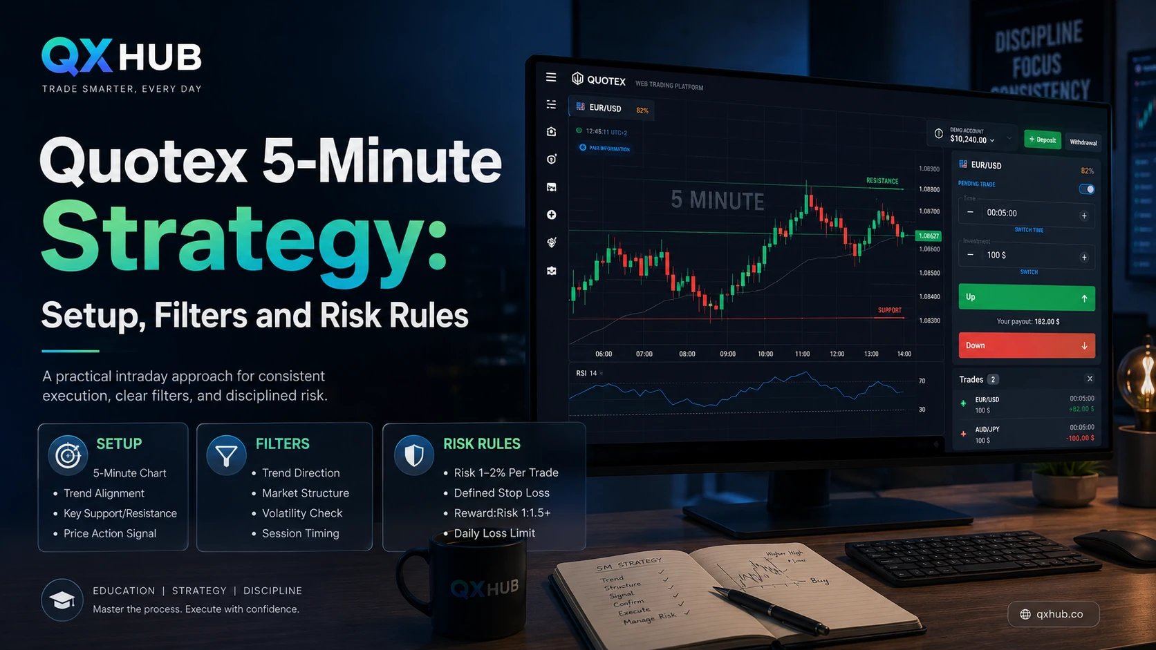 Quotex 5-minute strategy setup with filters risk rules and trading chart
