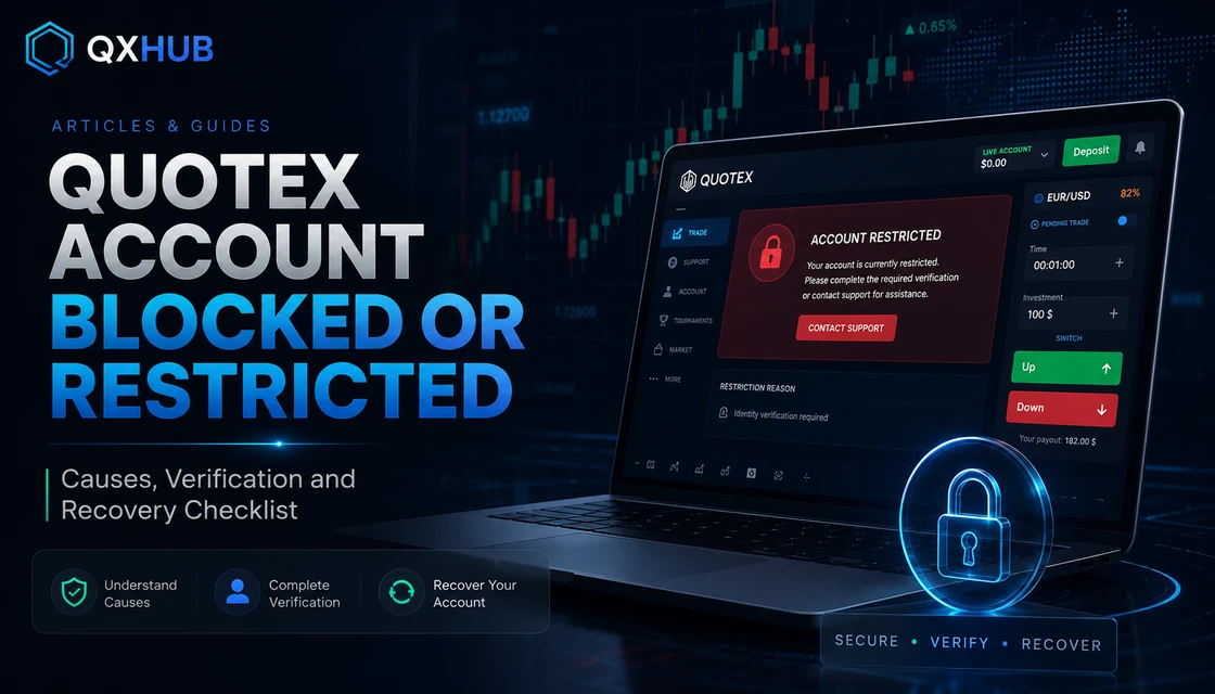 Quotex account blocked or restricted recovery guide with secure dashboard warning and verification symbols