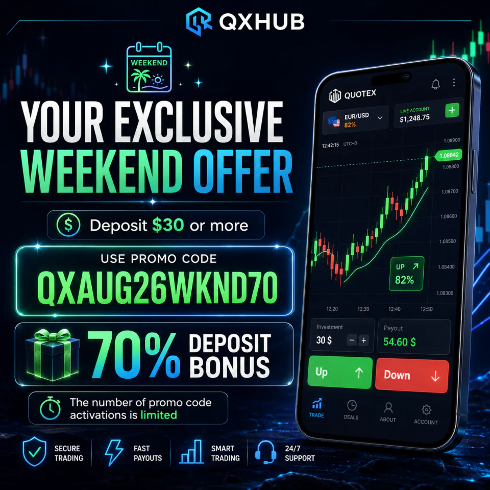 QXHUB Quotex weekend offer poster with promo code QXAUG26WKND70, 30 dollar minimum deposit and 70 percent deposit bonus