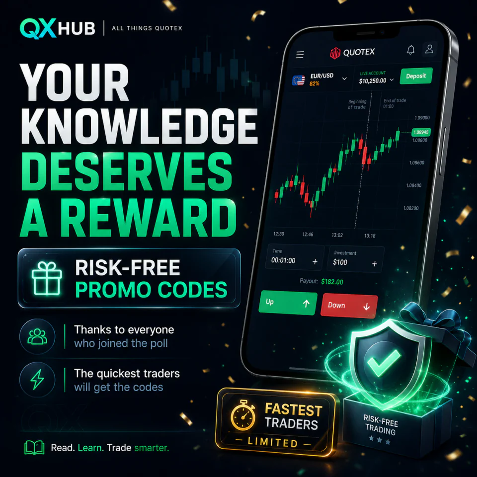 QX Hub and Quotex knowledge reward poster with limited Risk-Free promo codes