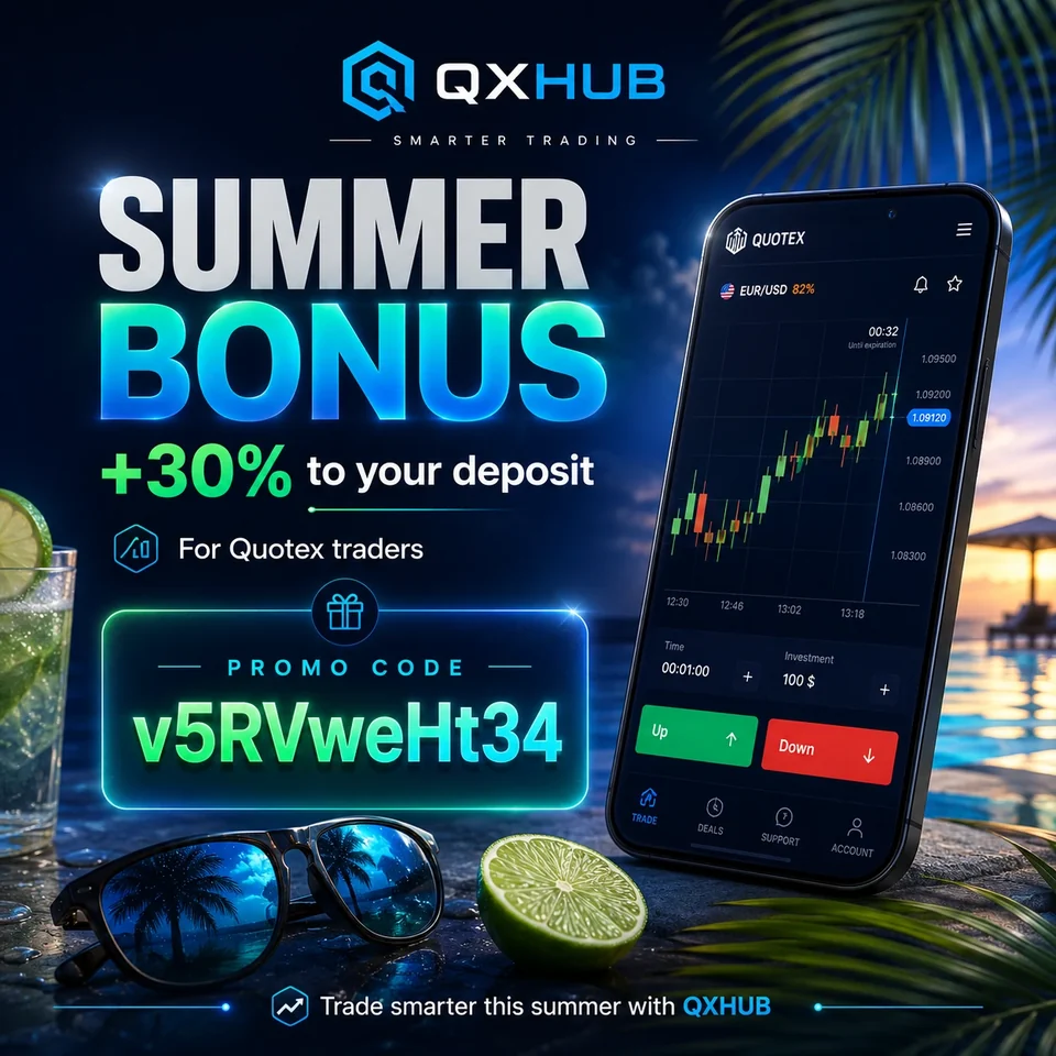 Quotex promo code v5RVweHt34 summer bonus poster with 30 percent deposit bonus for QXHUB traders