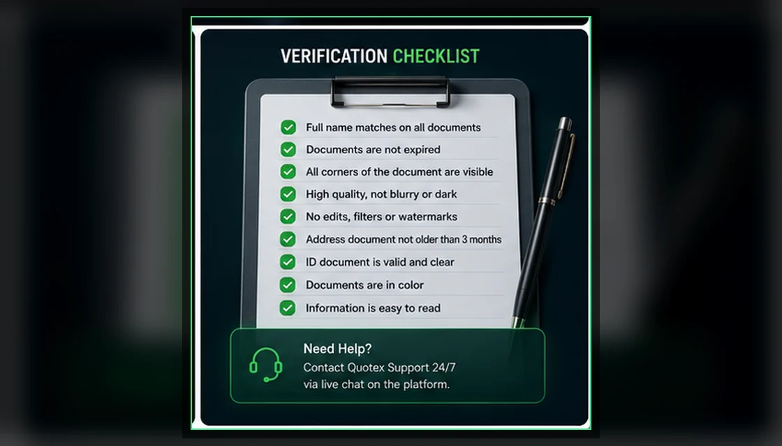 Checklist for matching details, valid files, clear images and readable Quotex verification documents