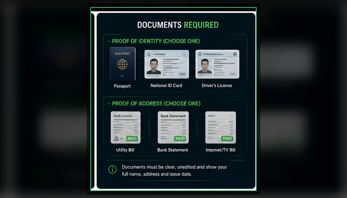 Quotex verification documents including passport, national ID, driver licence, utility bill and bank statement
