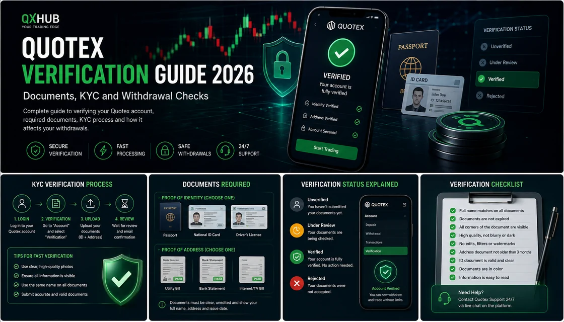 Quotex Verification Guide 2026 with KYC documents, verified account status and QX Hub branding