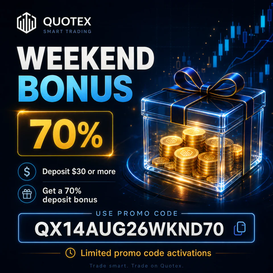 Quotex weekend bonus poster showing code QX14AUG26WKND70, a $30 minimum deposit, 70% bonus and limited activations