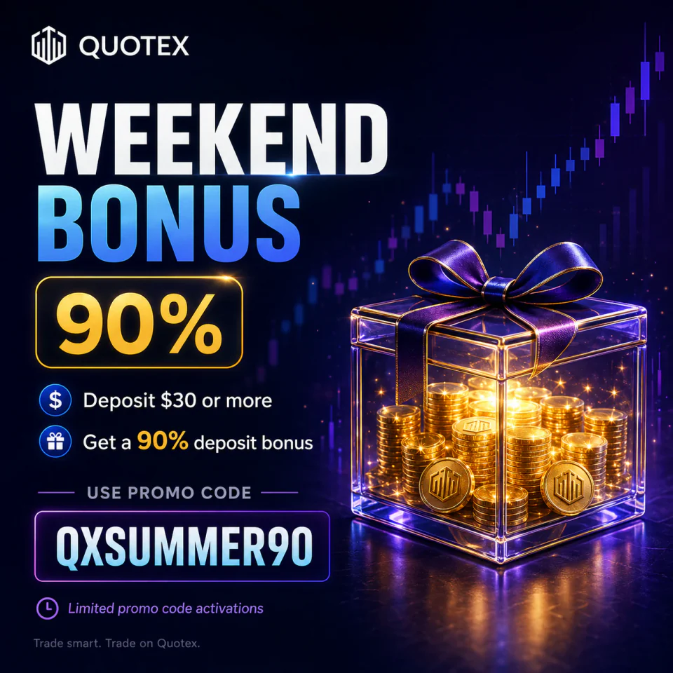Quotex weekend bonus poster showing code QXSUMMER90, a $30 minimum deposit, 90% bonus and limited activations
