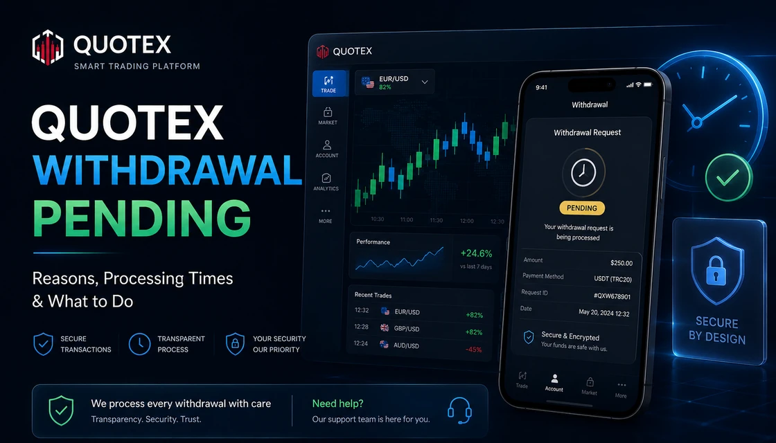 Quotex withdrawal pending guide with payment status, trading dashboard, clock and secure payout symbols