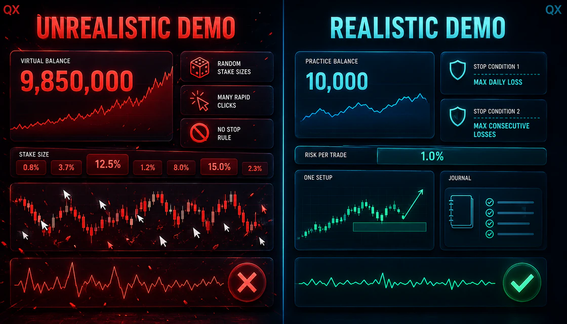 Unrealistic random demo trading compared with disciplined fixed-risk practice