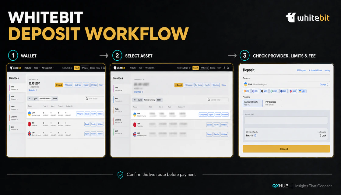 WhiteBIT deposit workflow from wallet to asset and provider fee check