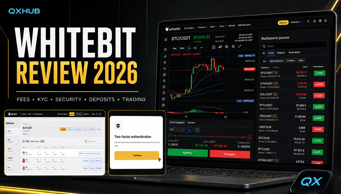 WhiteBIT review 2026 with trading terminal, balances and two-factor authentication
