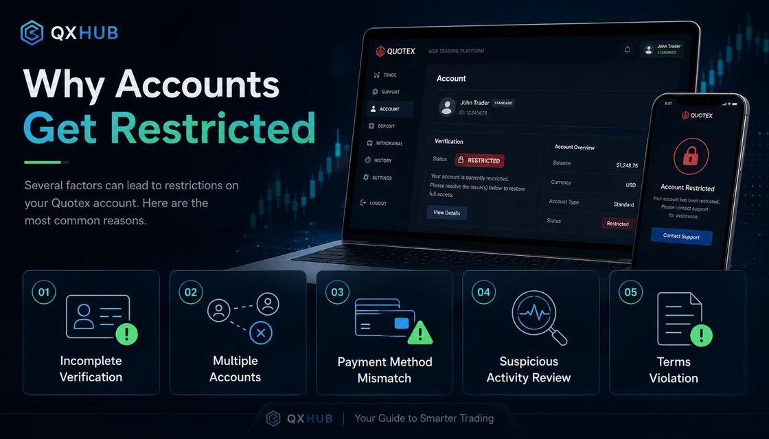 Common reasons a Quotex account may get restricted: verification, multiple accounts, payment mismatch and terms review