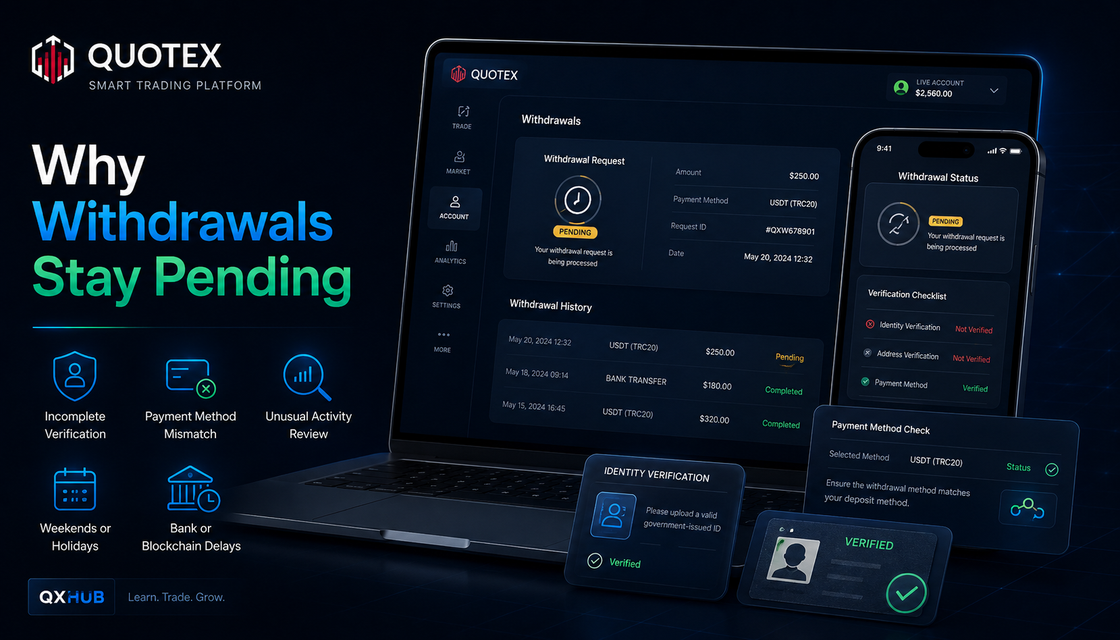Why Quotex withdrawals stay pending: verification, payment method checks, account review, weekends and provider delays