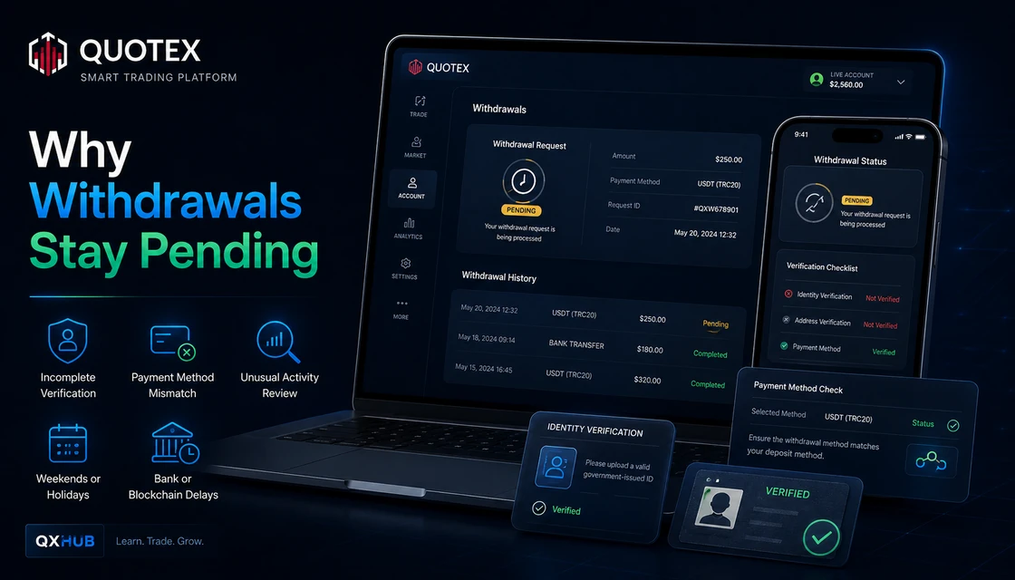 Why Quotex withdrawals stay pending: verification, payment method checks, account review, weekends and provider delays