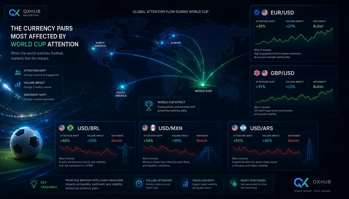 World map with EUR/USD GBP/USD USD/MXN USD/BRL and USD/CAD cards for World Cup forex attention