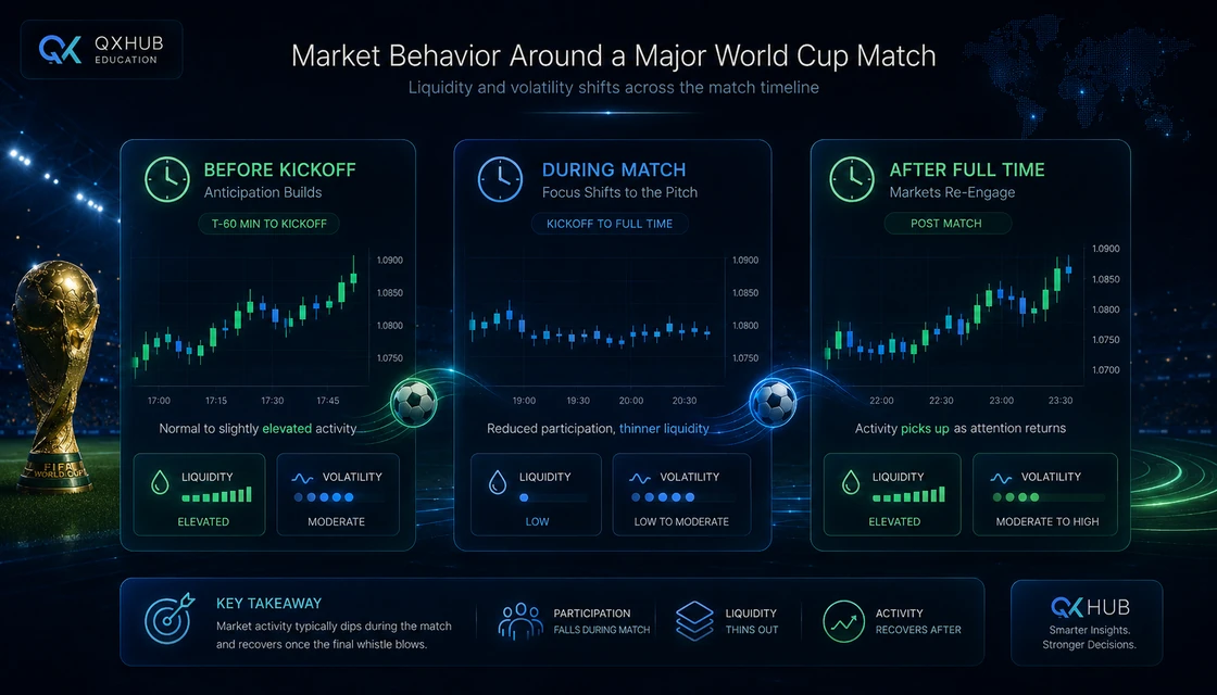 World Cup match timeline showing forex liquidity and volatility before kickoff during the match and after full time