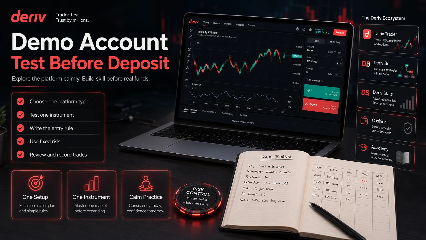 Deriv demo account checklist before deposit and broker review
