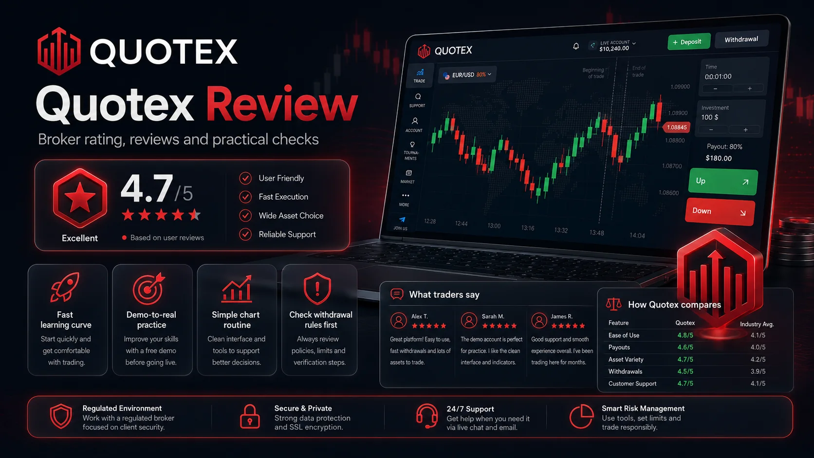 Quotex review 2026 dashboard with demo, Android, deposits, withdrawals and risk checklist