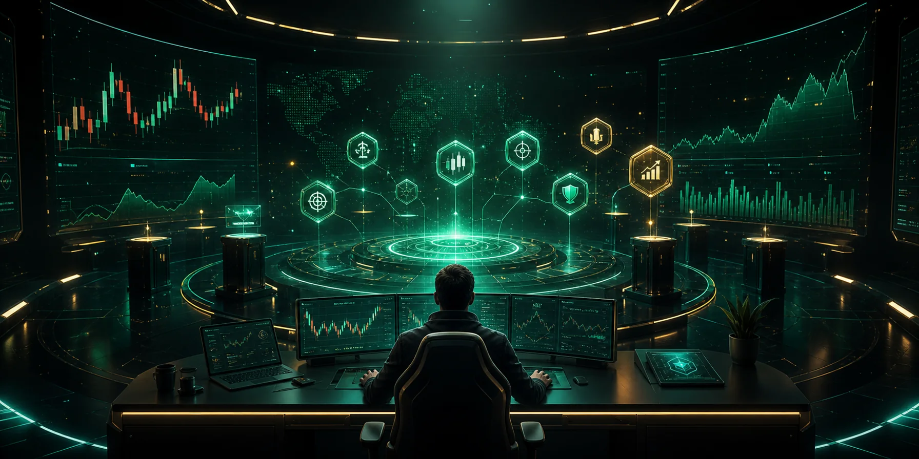 Trading games arena with market charts, skill icons and leaderboard challenge