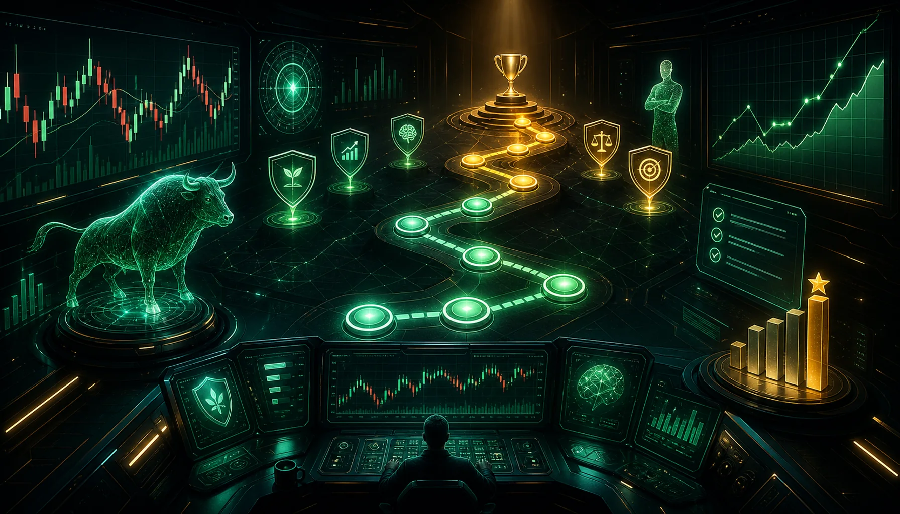 Trader level test mission screen with scenario path, charts and skill checkpoints
