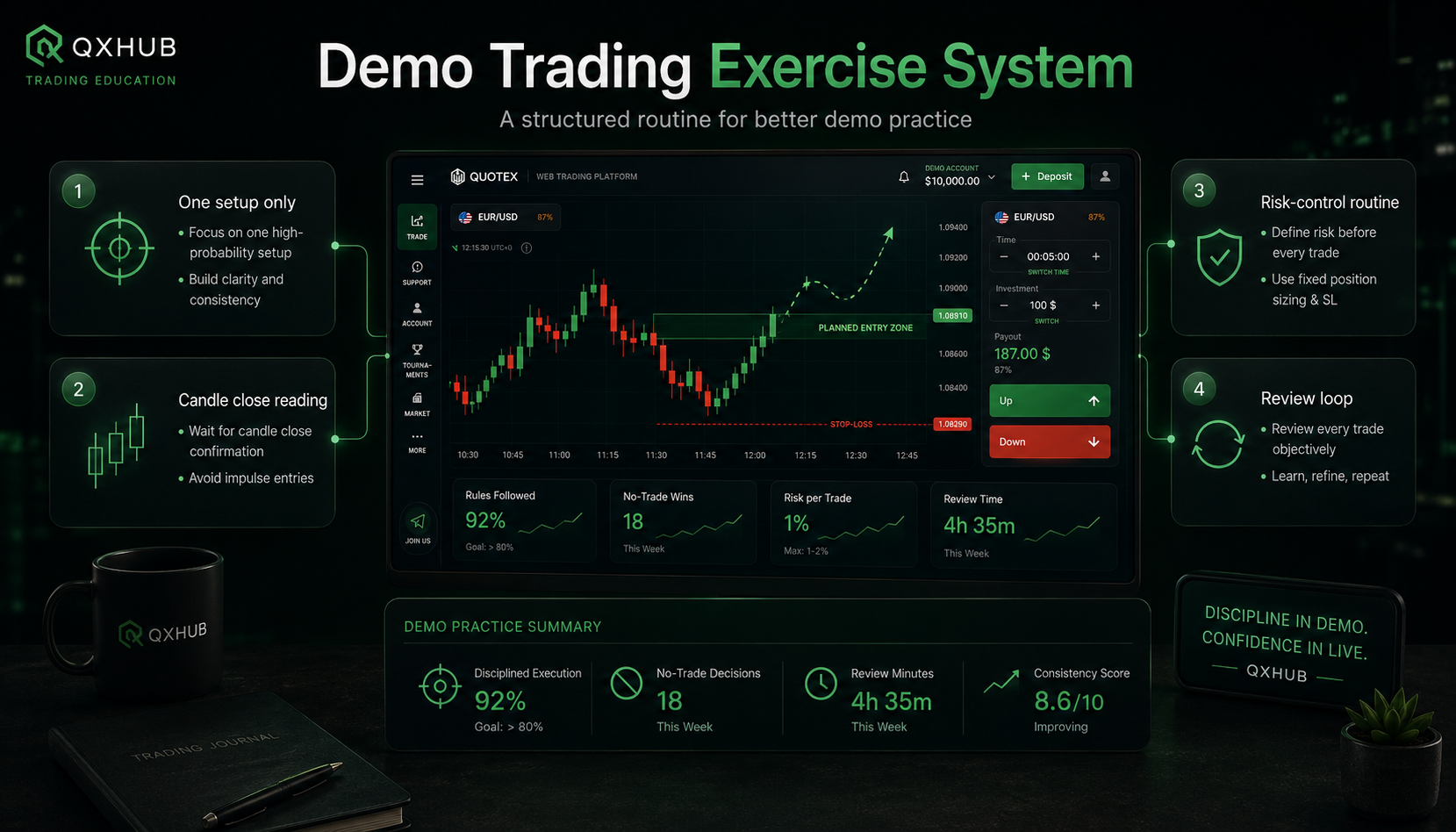 Quotex demo trading exercise system with one setup, candle close reading, risk control and review loop