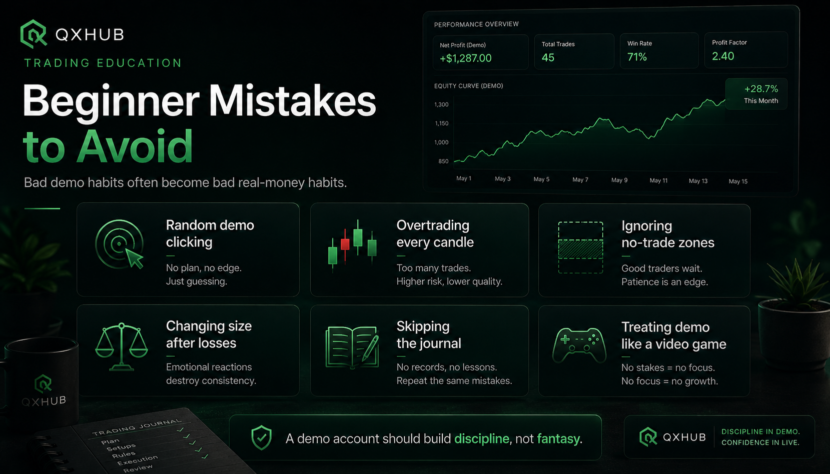 Beginner demo trading mistakes to avoid on Quotex including random clicks and overtrading