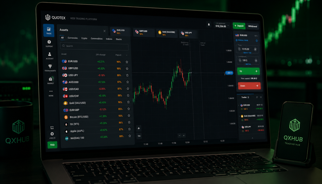 Quotex asset selector with currency pairs, commodities and active trading chart