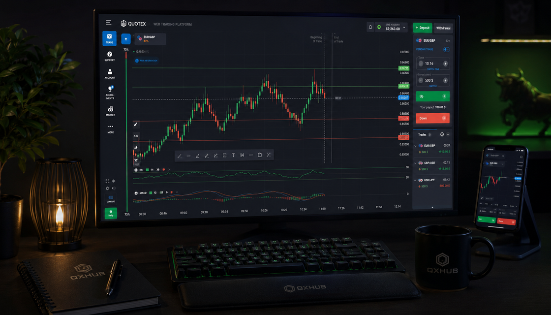 Quotex chart area with candles, support, resistance, drawing tools and indicators