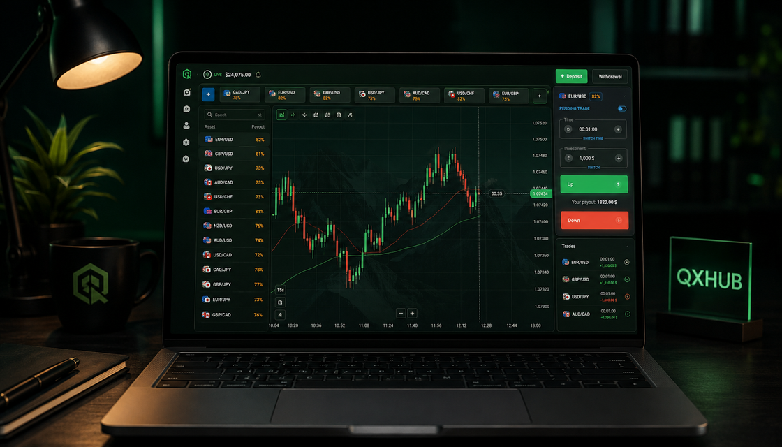 Quotex main interface layout showing asset list, chart area and trade panel