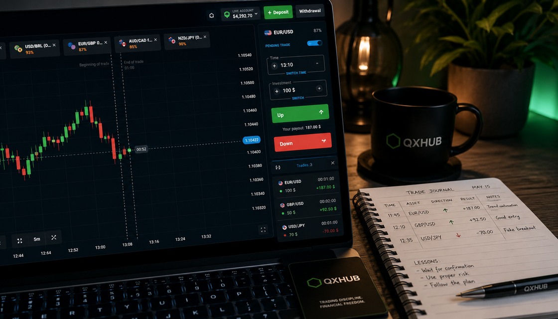 Quotex trade panel, recent trade history and QX Hub trading journal