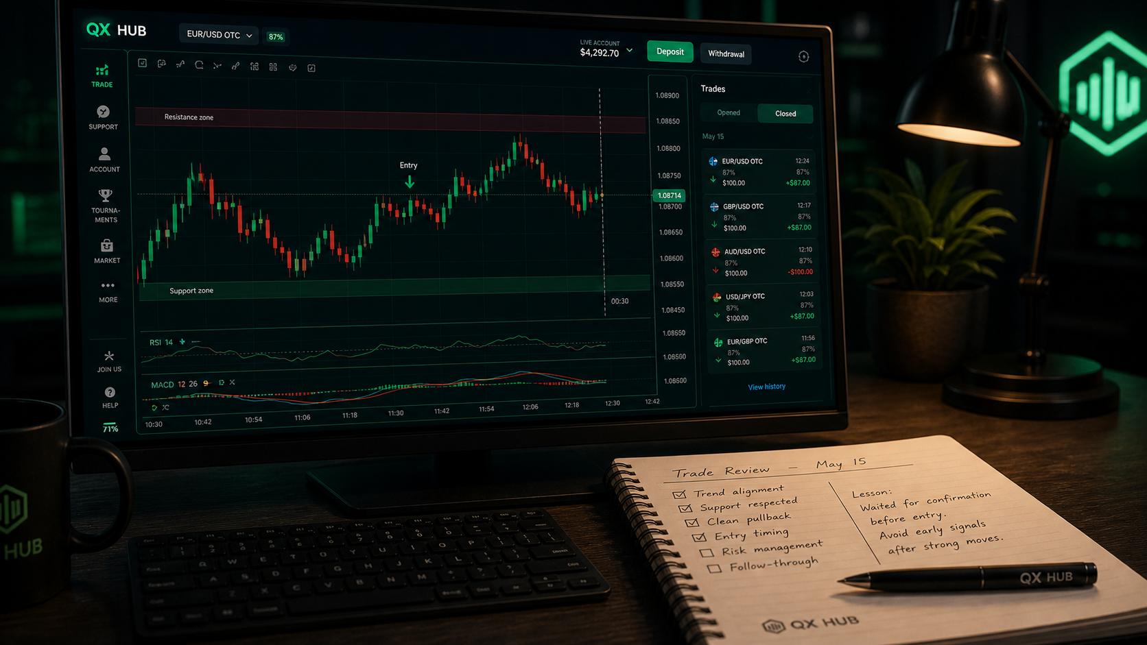 Quotex chart decision review with support, resistance, entry timing and recent trade history