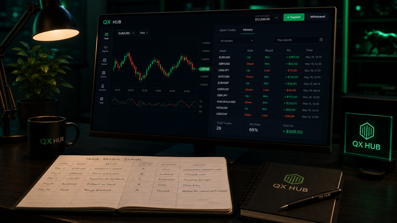 Quotex trade history review workspace with recent trades and a QX Hub decision journal