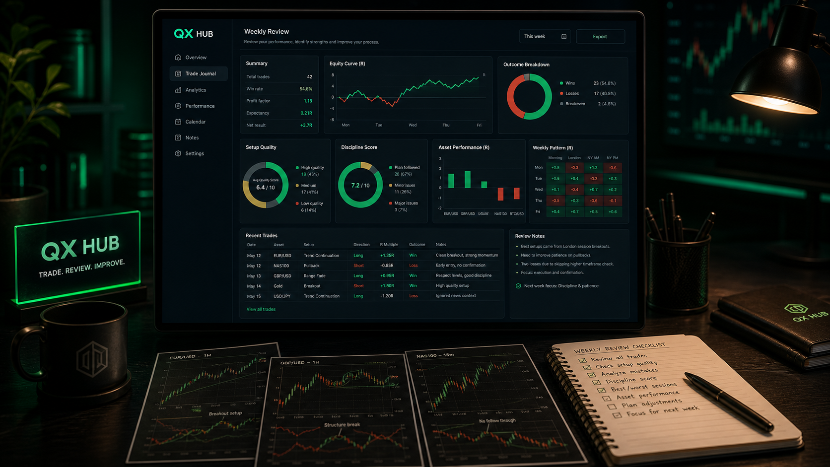 QX Hub weekly trade history review dashboard with discipline score, setup quality and journal checklist