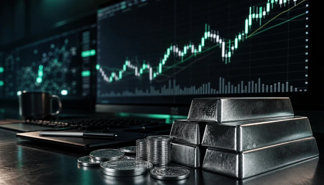 Silver futures trading guide with COMEX chart, silver bars and risk-first trading desk